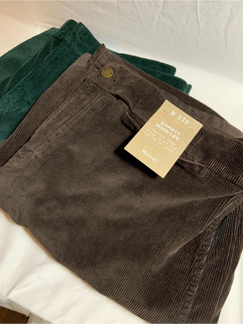 NEW 2 Pair (Two) Bundle Madewell Emmet Corduroy Pants Green & Brown 32p & 33p